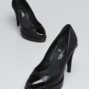 CHANEL Black Leather Cap Toe Platform Pumps Size 37